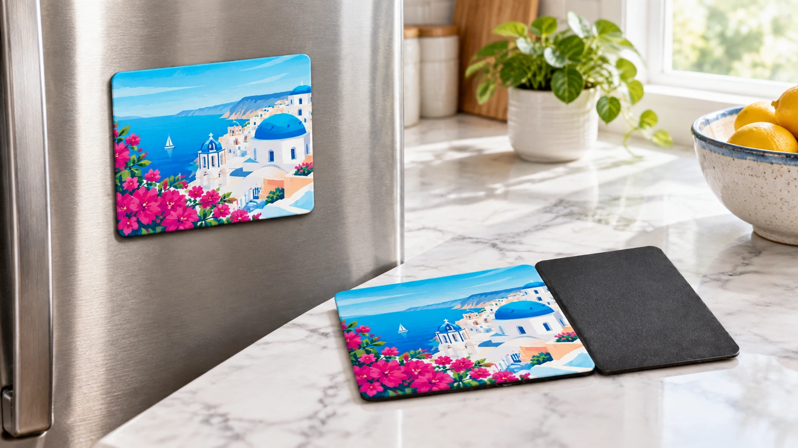Un aimant au motif bord de mer sur un réfrigérateur, avec des échantillons face imprimée et revers noir sur le plan de travail de la cuisine
