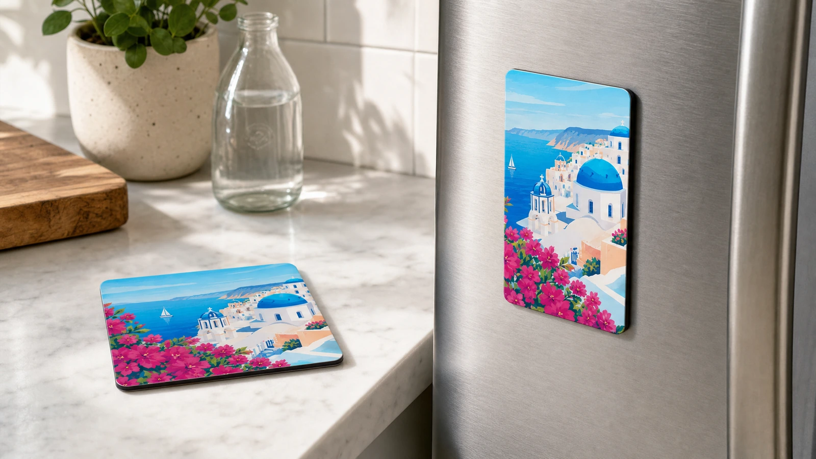 Aimants assortis au motif bord de mer, posés à plat sur un plan de cuisine et verticalement sur un réfrigérateur