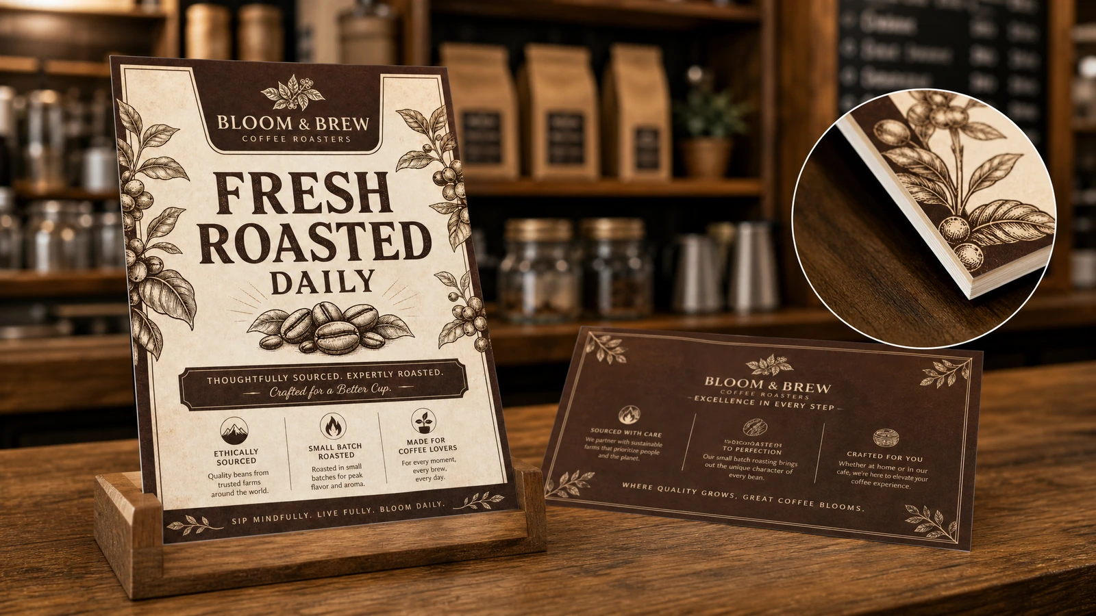 Illustration d'un flyer pour café dans un présentoir en bois, à côté d'une carte horizontale assortie et d'un détail en encart sur le bord