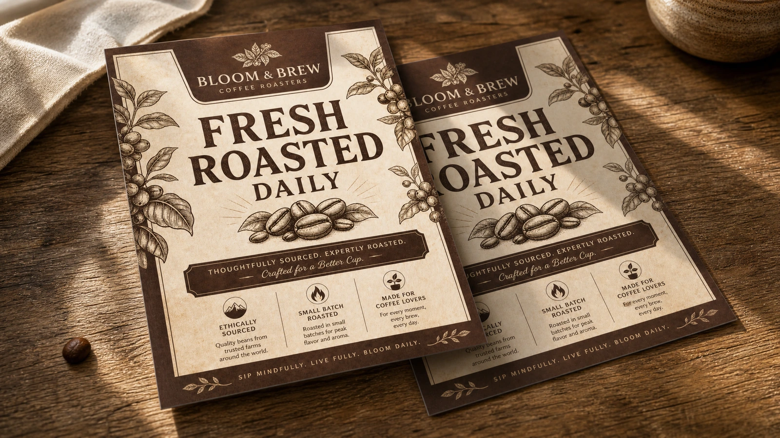 Illustration de flyers promotionnels pour café superposés sur une surface en bois