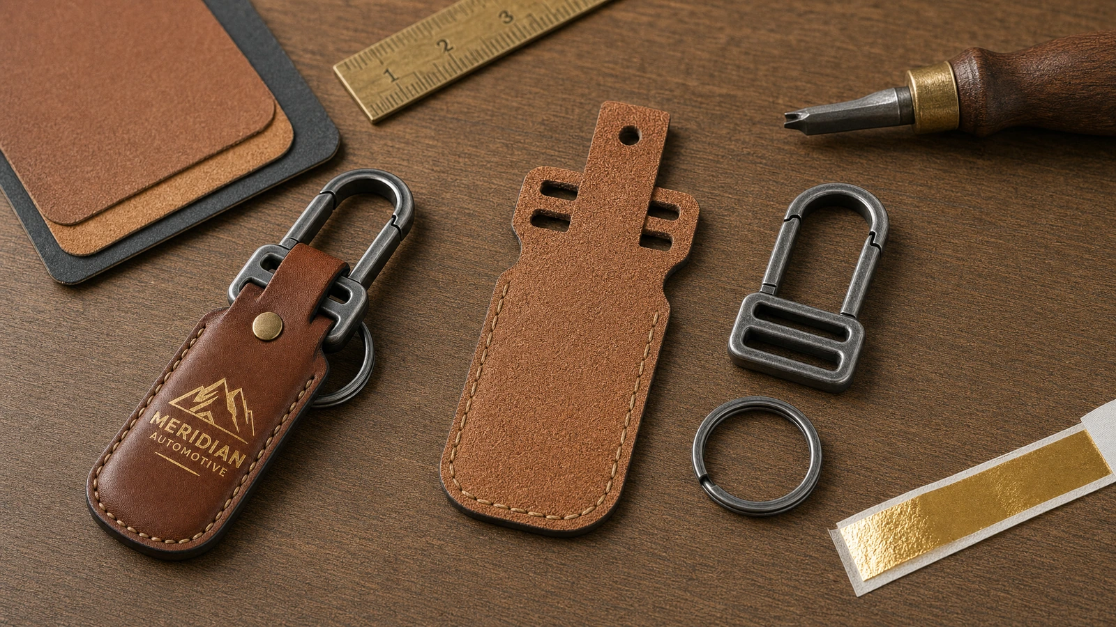 Porte-clés brun assemblé à côté d'une forme de cuir non assemblée, d'une attache, d'un anneau, d'une règle et d'outils d'artisan