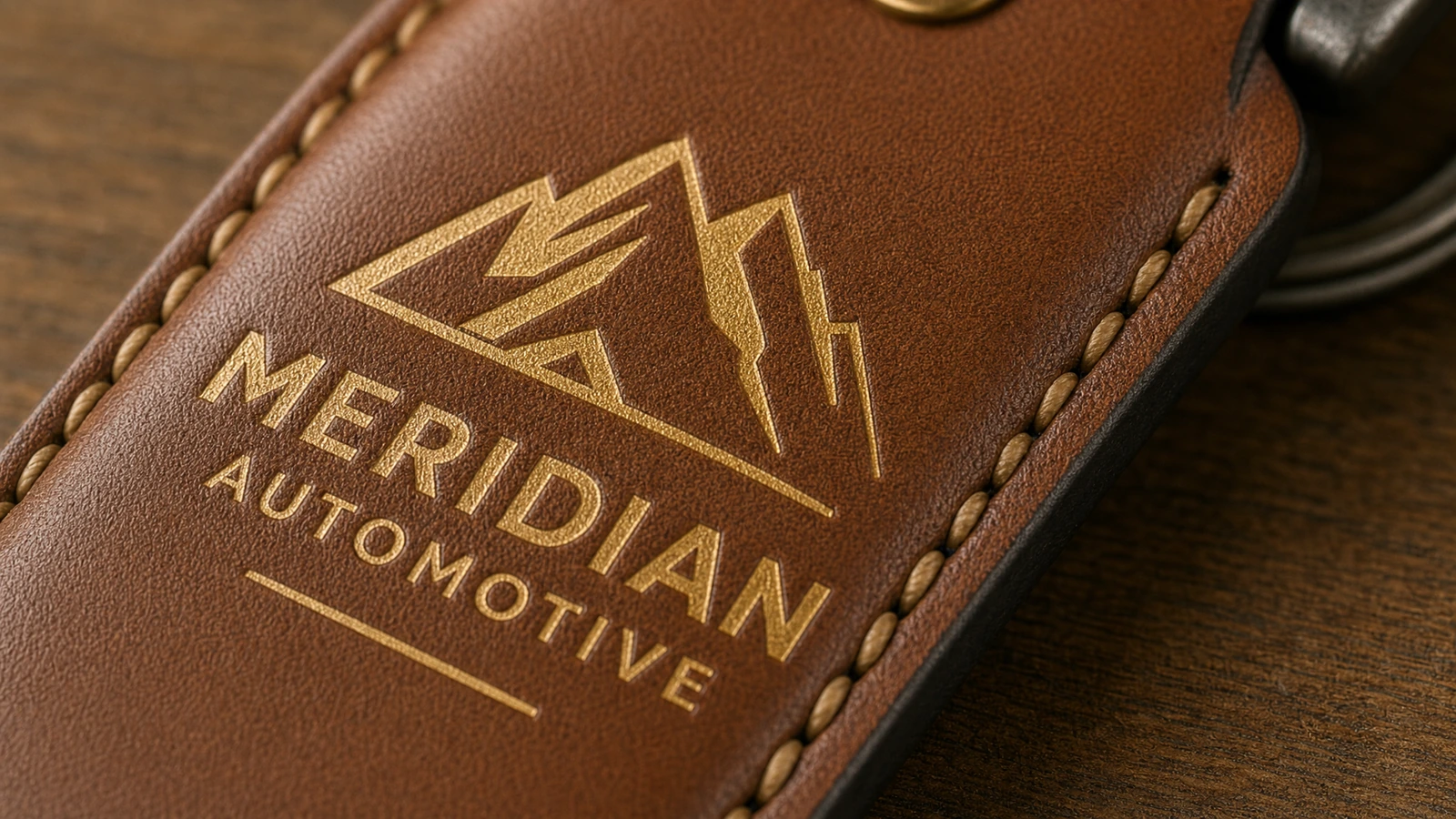 Gros plan d'un porte-clés brun cousu, avec un emblème de montagne couleur or et le lettrage Meridian Automotive