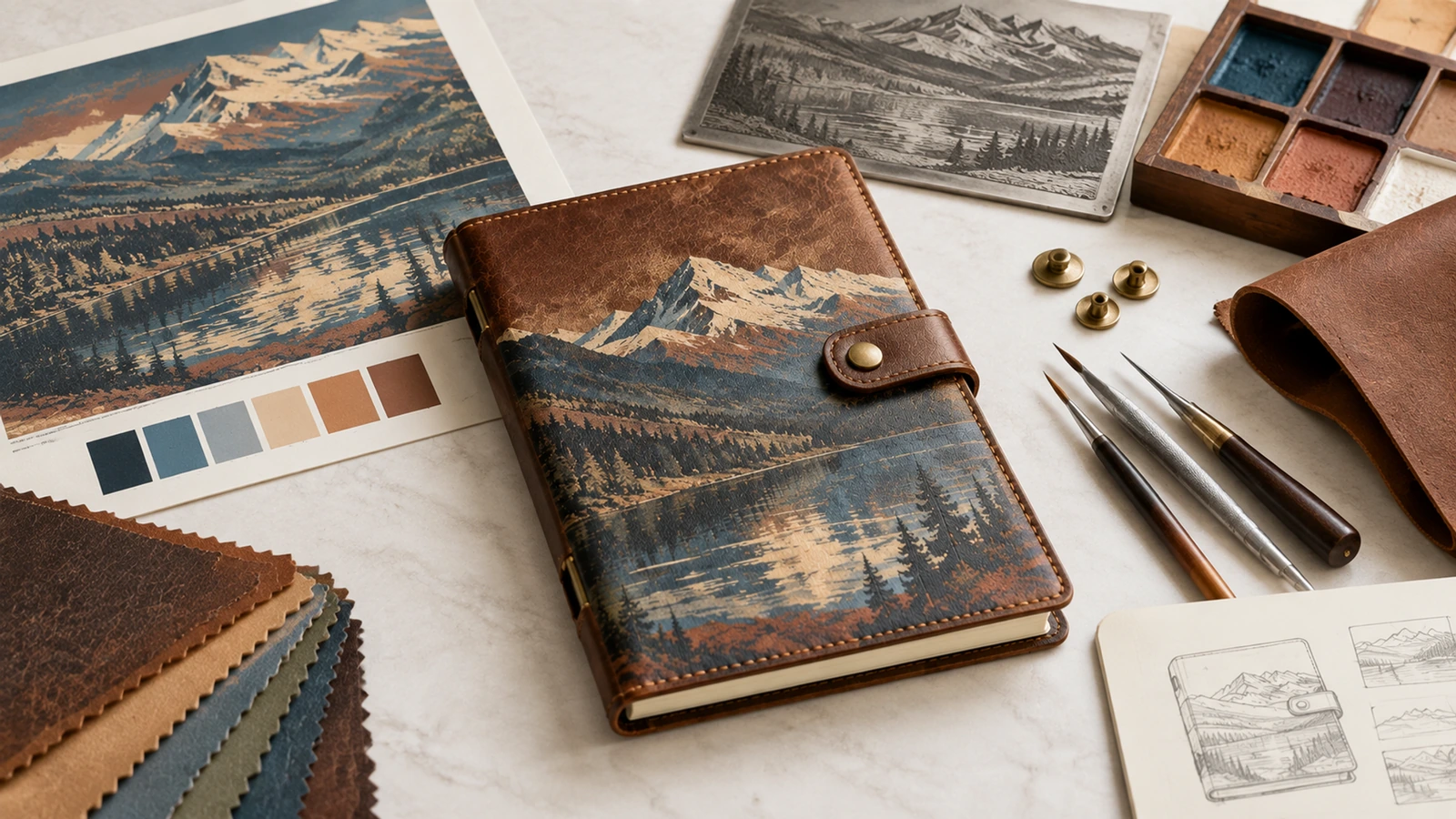 Illustration d'un carnet marron à imprimé montagne posé à côté d'une création graphique, d'échantillons de matériaux et d'outils de dessin