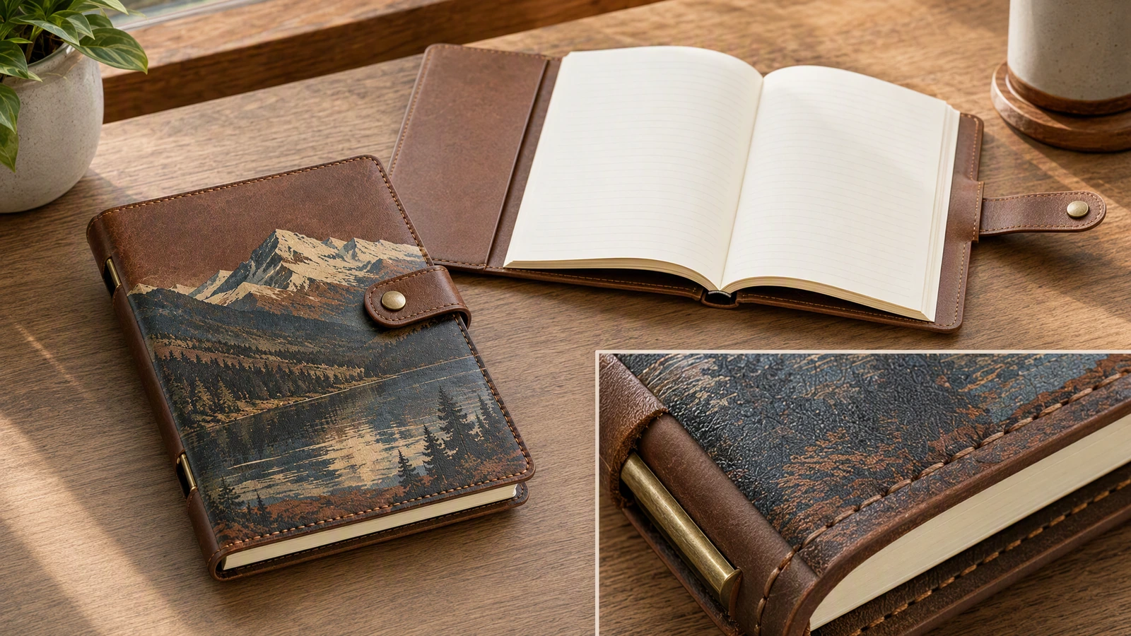 Illustration d'un carnet fermé à imprimé montagne, à côté d'un intercalaire ouvert de type livre avec un encart de détail des bords cousus