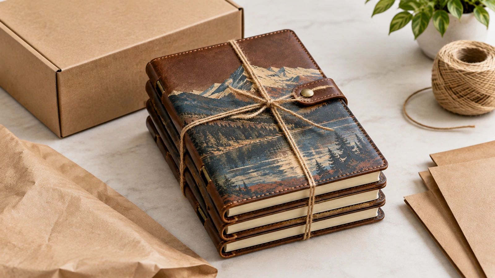 Illustration d'une pile de carnets à imprimé montagne attachés avec de la ficelle, à côté d'un carton et de papier d'emballage