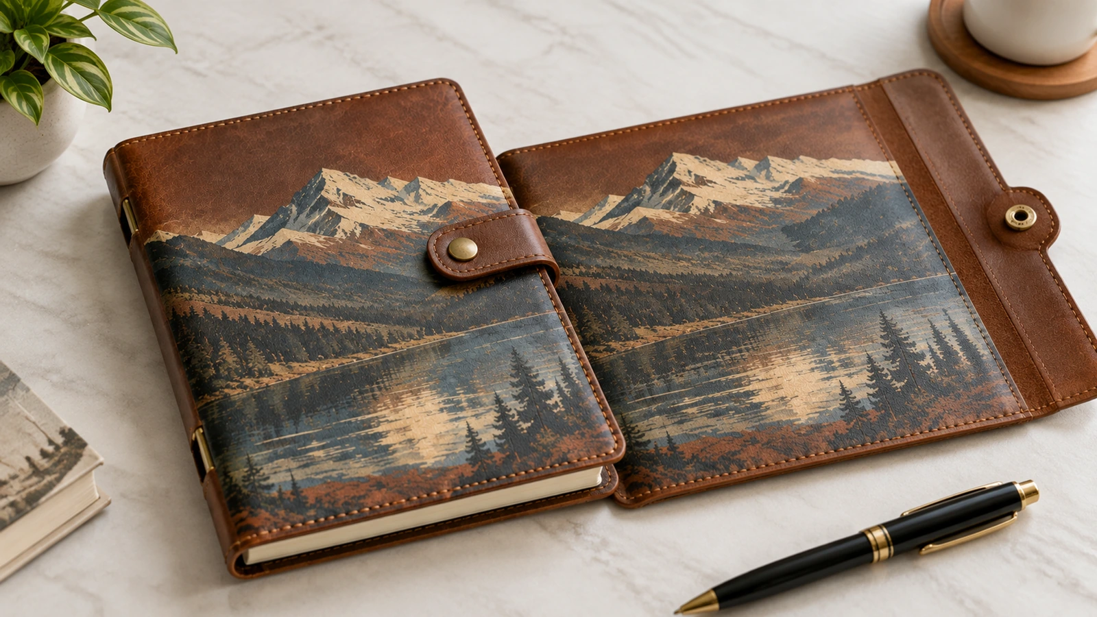 Illustration d'un carnet à imprimé montagne posé à côté d'une couverture dépliée munie d'une languette à bouton-pression, sur un bureau