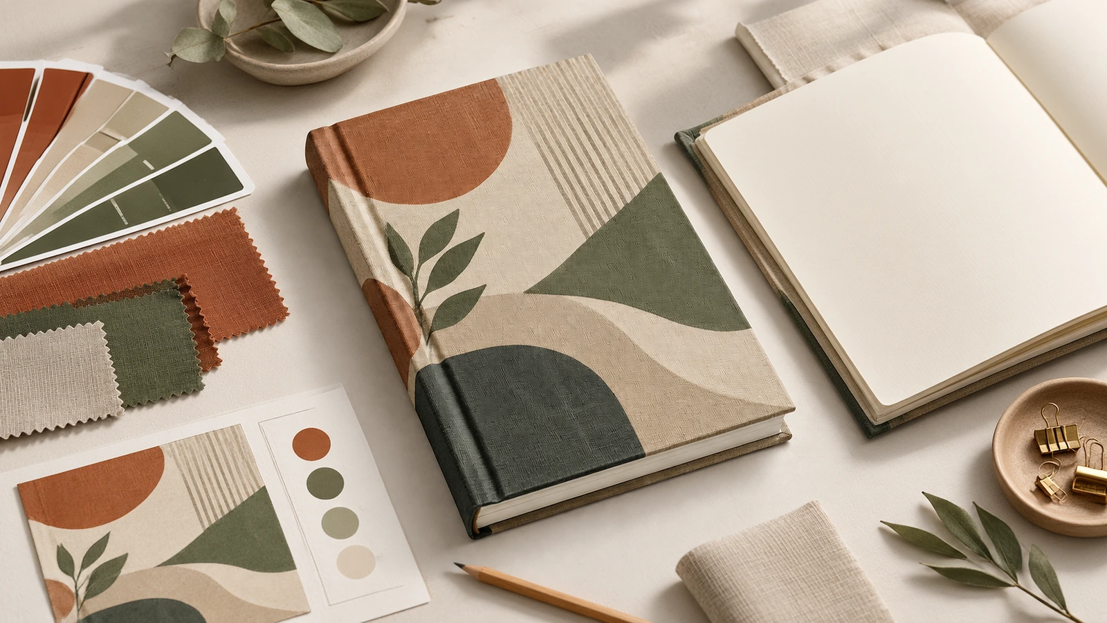 Cahier illustratif à couverture en tissu à motifs et cahier vierge ouvert, à côté d’échantillons de tissu et de références de couleurs