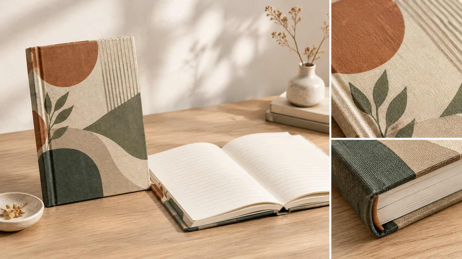 Cahier debout illustratif et pages lignées ouvertes, avec gros plans sur la texture du tissu et un coin de couverture