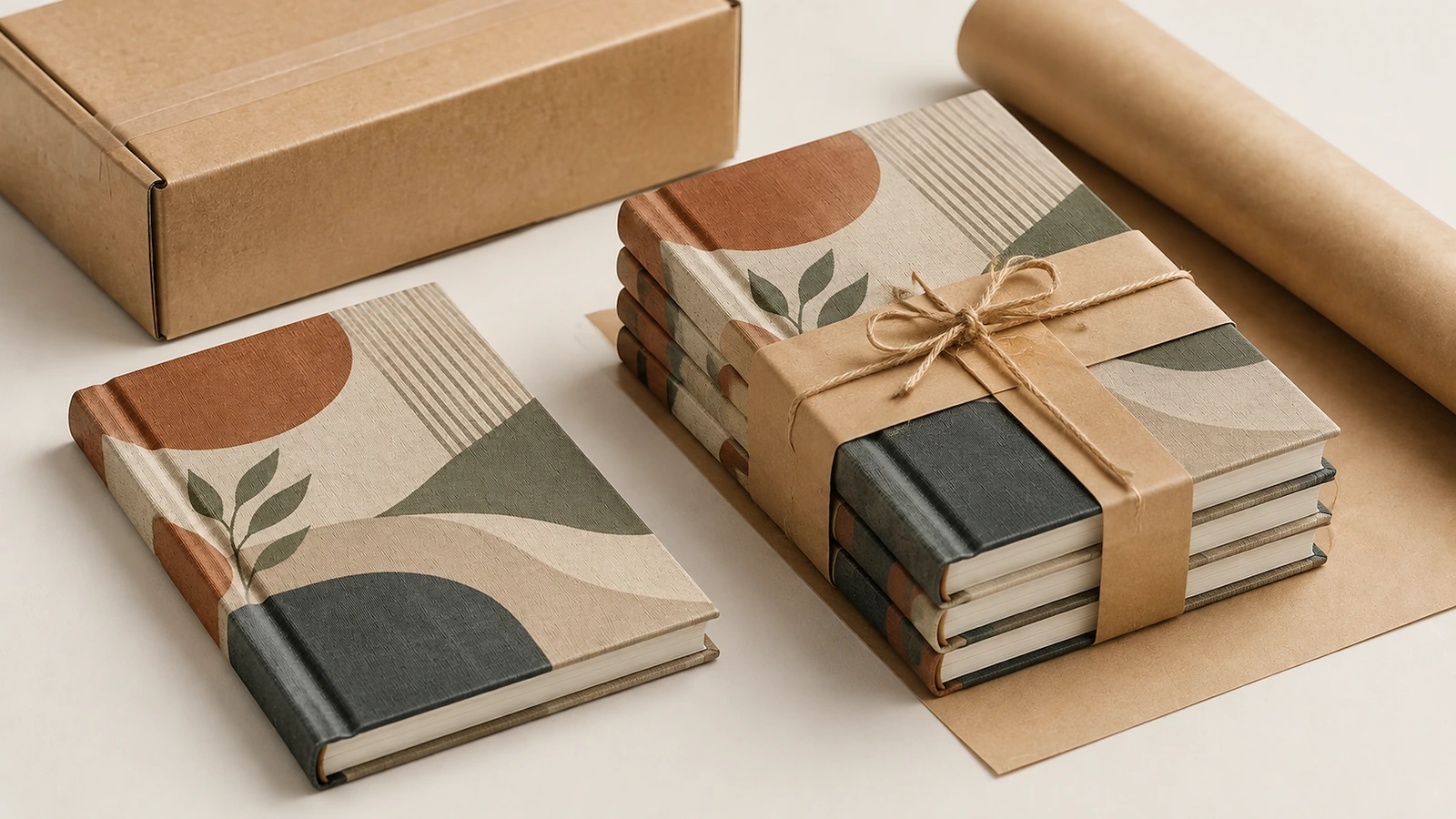 Pile de cahiers illustrée avec bandes kraft et ficelle, à côté d’un carton et de papier d’emballage