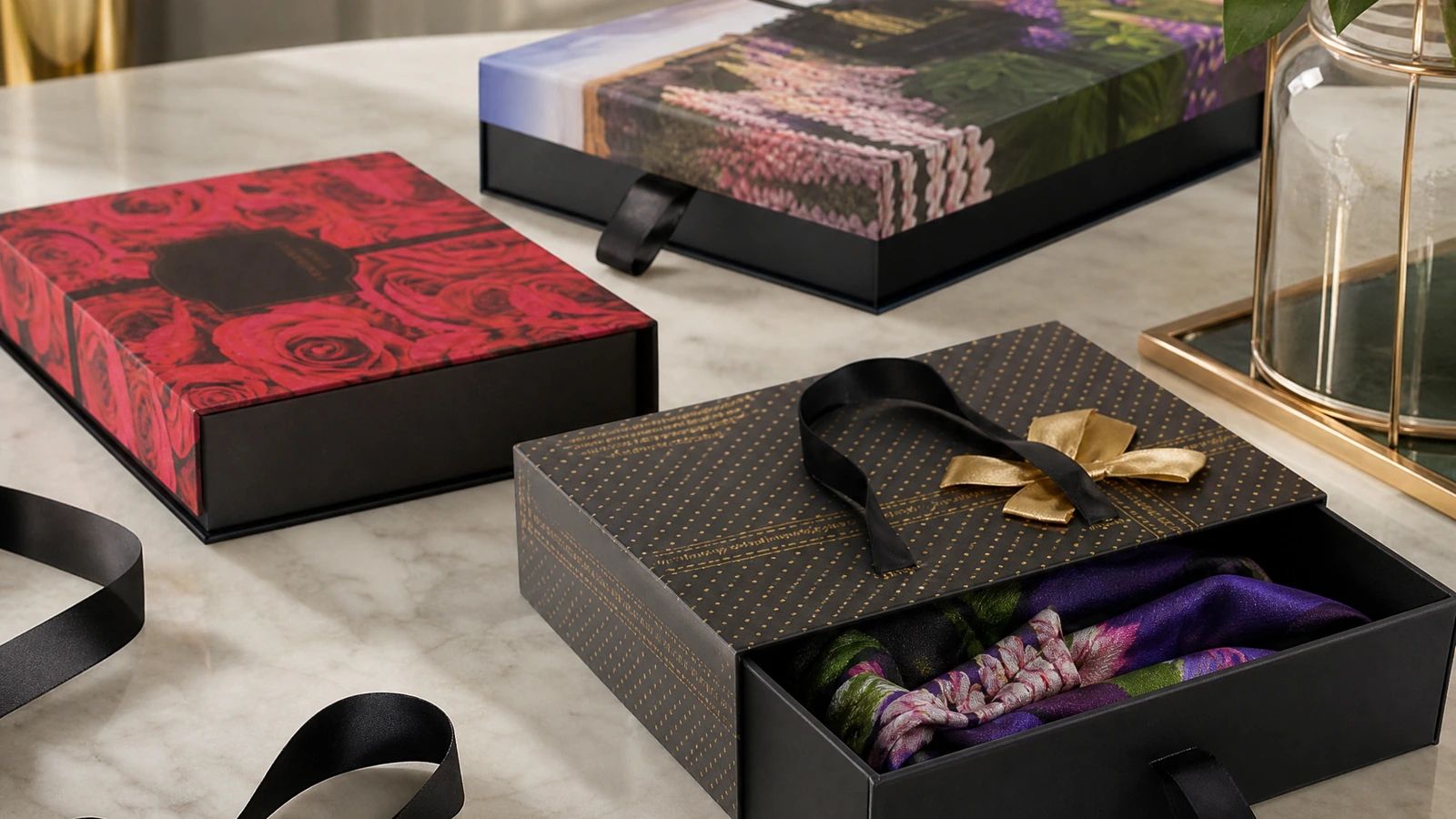 Coffrets à tiroir décorés de motifs floraux et de ruban, dont un plateau ouvert avec intérieur en tissu
