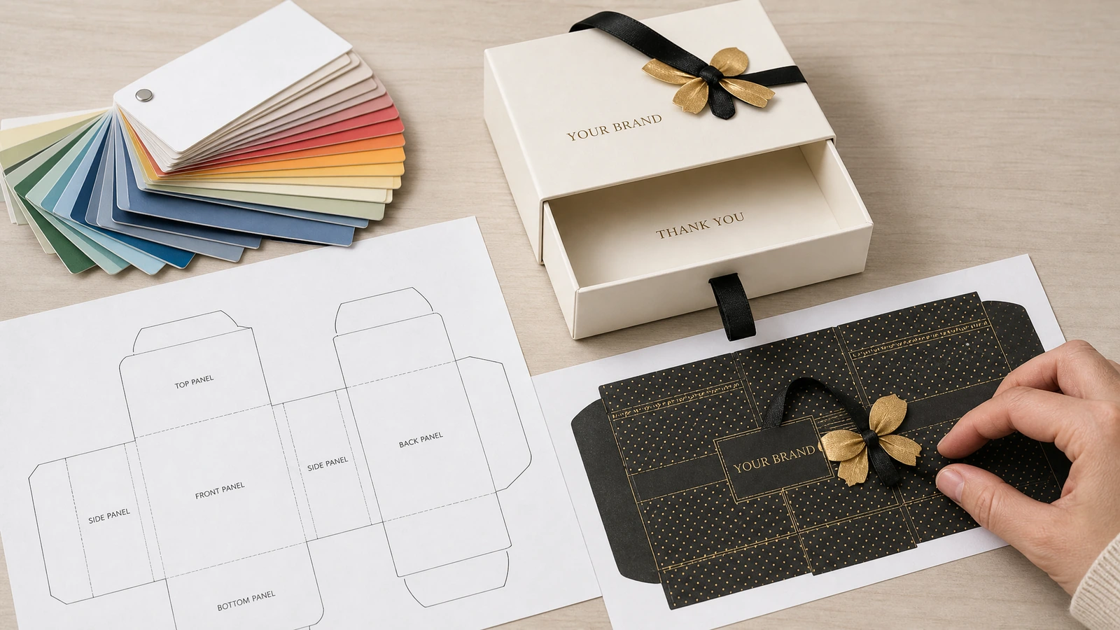 Maquette de concept avec nuancier, habillage imprimé à plat et plateau ouvert de coffret cadeau