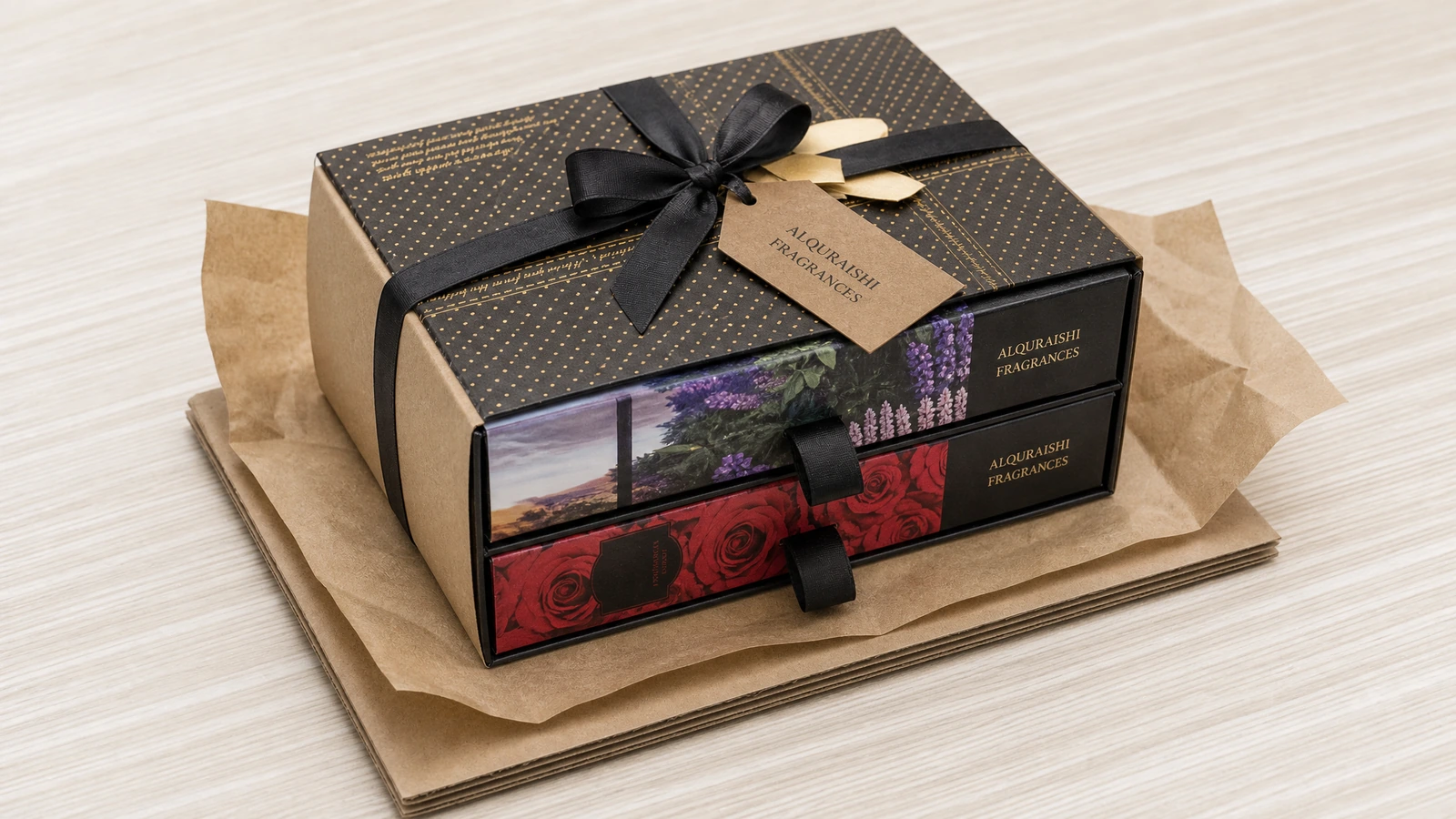 Trois coffrets cadeaux à tiroir empilés sur papier kraft, avec un ruban et une étiquette cadeau