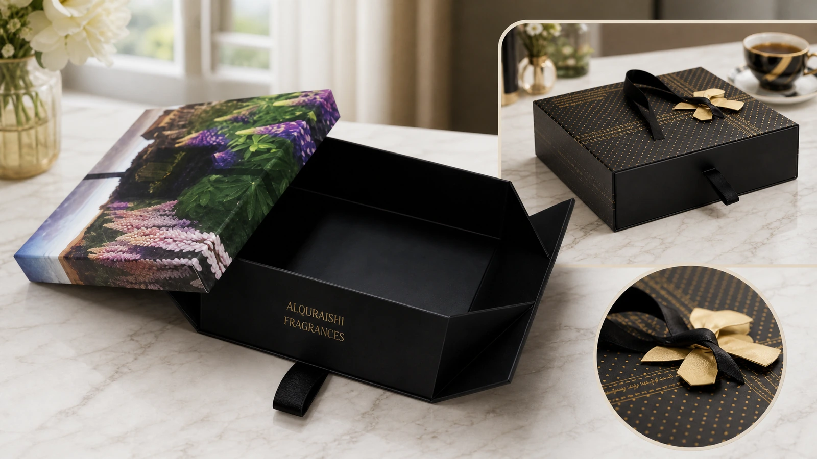 Assemblage d'un coffret à tiroir floral ouvert, d'un coffret décoré de ruban et d'un détail de nœud
