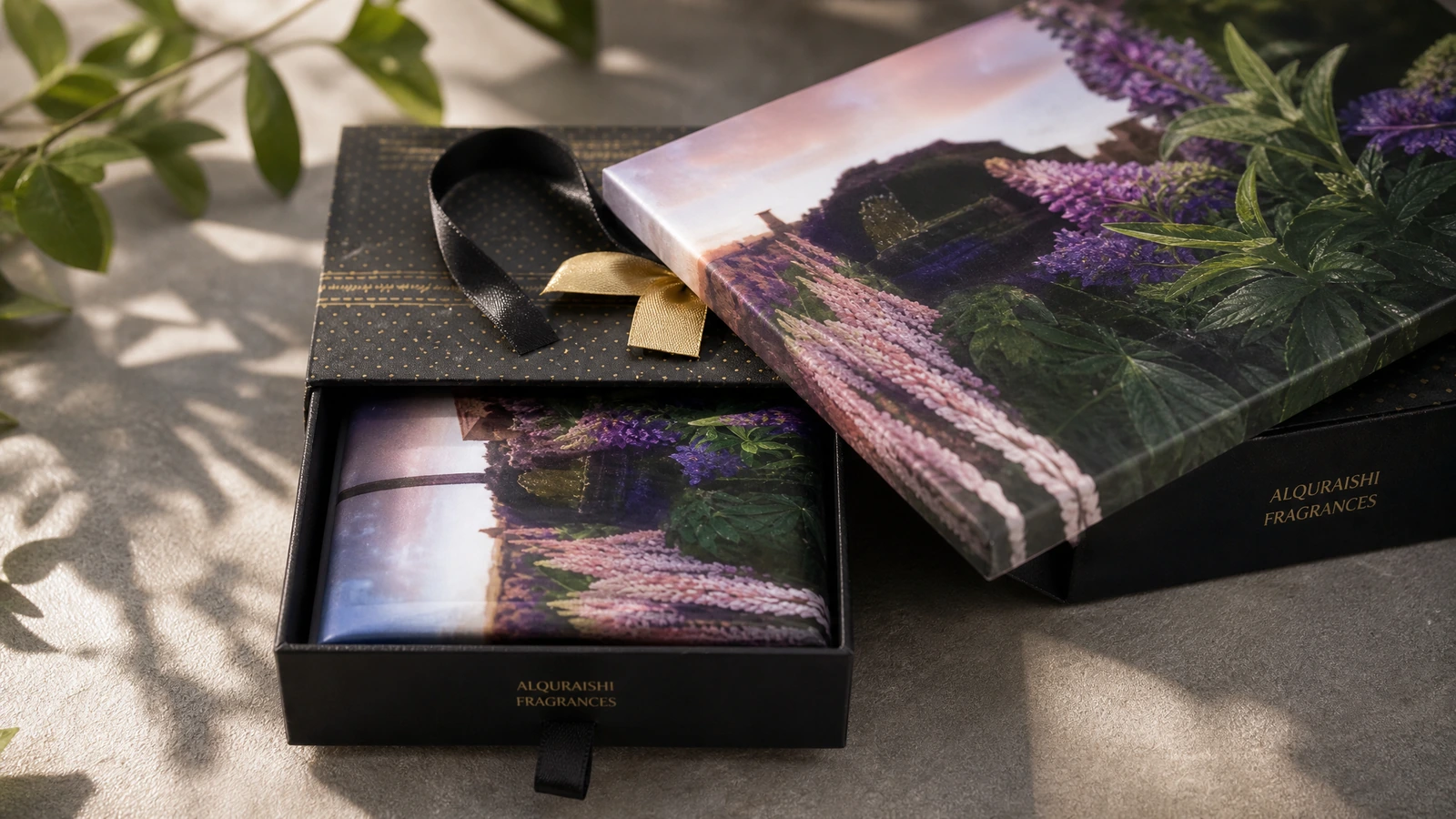 Coffret cadeau à tiroir ouvert à motifs floraux, avec un article imprimé assorti à l'intérieur