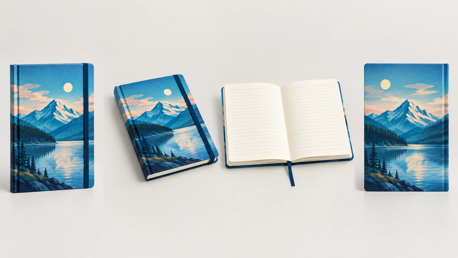 Vues illustratives d'un carnet debout, fermé et ouvert, avec un signet à ruban