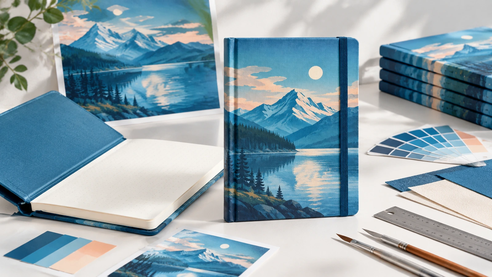 Carnets à couverture rigide au motif lac de montagne, à titre illustratif, à côté de visuels imprimés, de nuanciers couleur et d'outils de conception