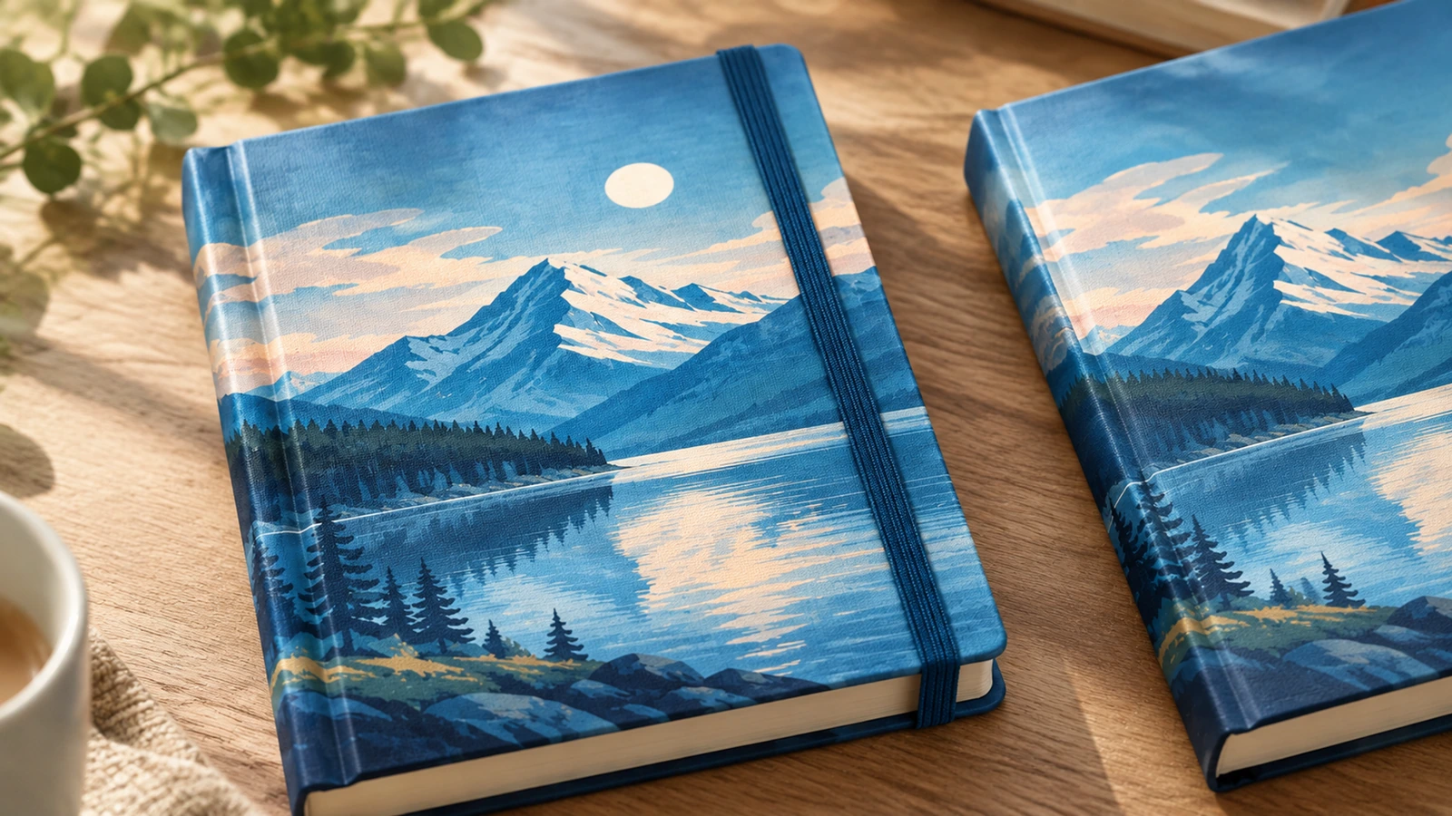 Carnets à couverture rigide au motif lac de montagne, à titre illustratif, posés sur une table en bois