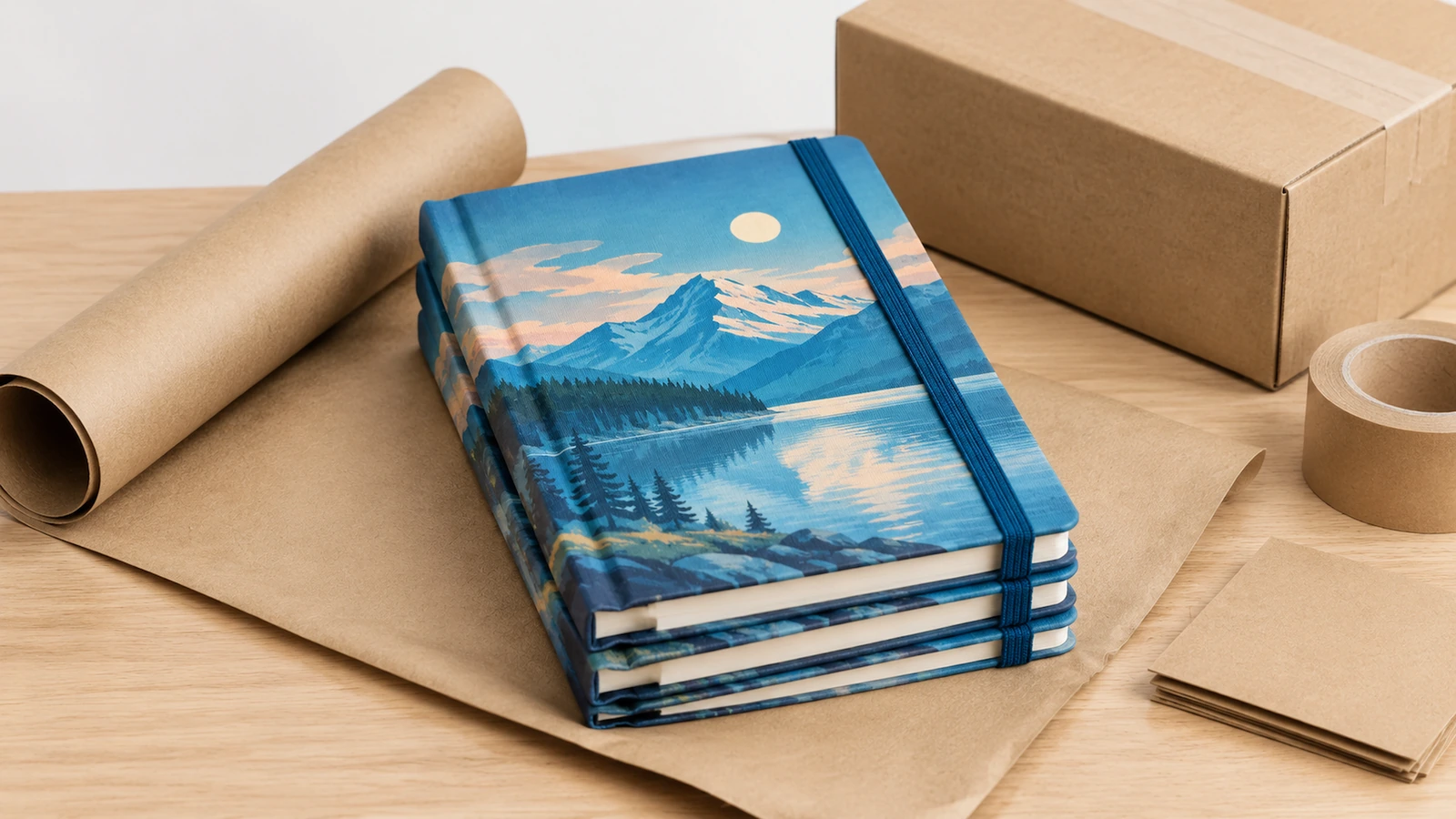 Pile illustrative de carnets au motif lac de montagne, à côté d'une boîte en carton et de papier kraft d'emballage