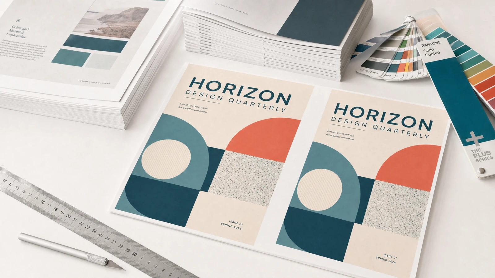 Magazines de design et feuilles d'impression posés à côté de nuanciers, d'une règle et d'outils de dessin