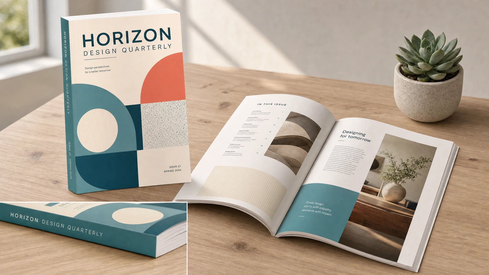Magazines de design présentés debout, empilés et ouverts sur une table en bois