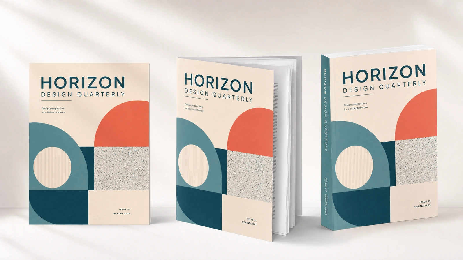 Trois exemplaires de magazines de design montrant les couvertures, les tranches et un bloc de pages ouvert