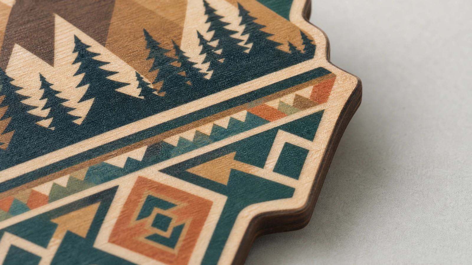 Gros plan illustratif d’un visuel coloré de montagnes et de formes géométriques sur une face en bois découpée