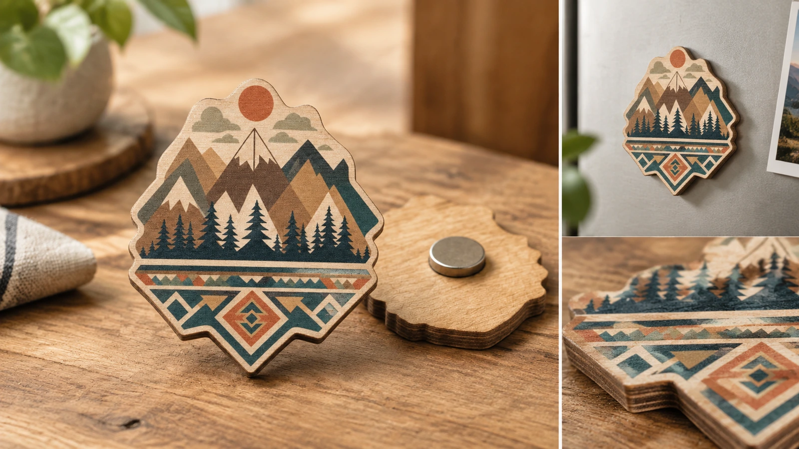 Collage illustratif de la face et du verso d’un aimant en bois, de sa mise en place sur un réfrigérateur et du détail du chant