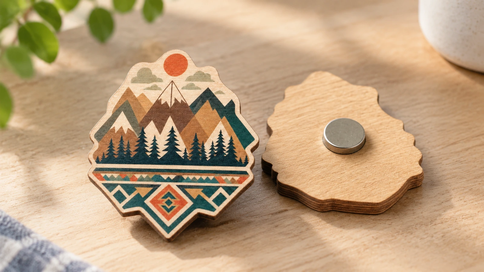 Aimant en bois à motif de montagne illustratif, face et verso avec un aimant rond sur une surface en bois