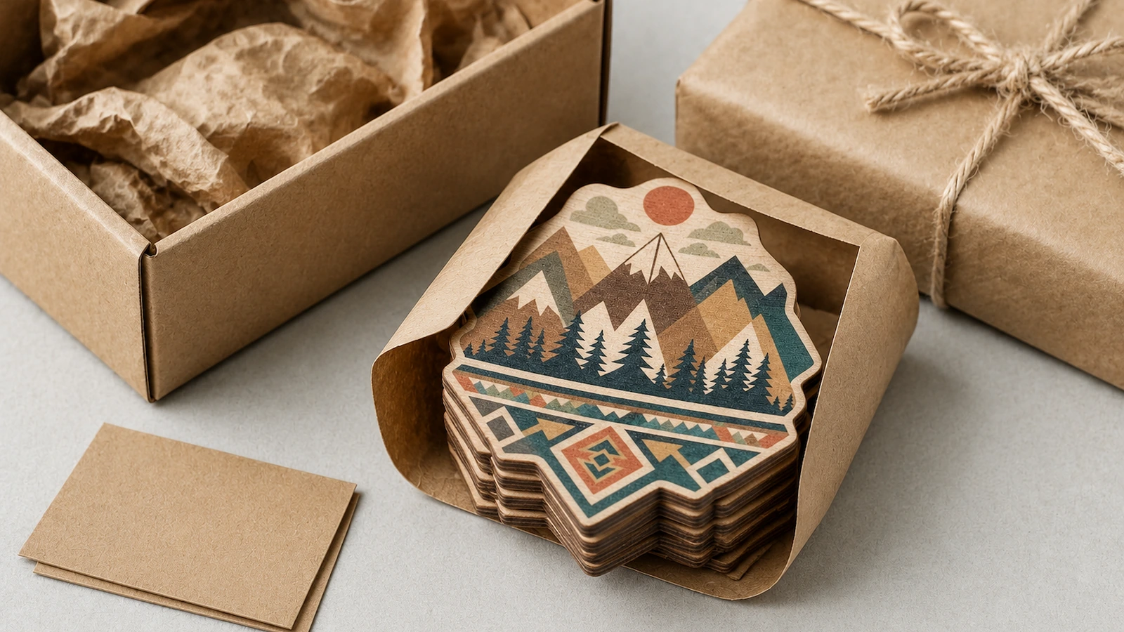 Aimants en bois empilés dans une pochette en kraft, à côté d’une boîte remplie de papier, à titre illustratif