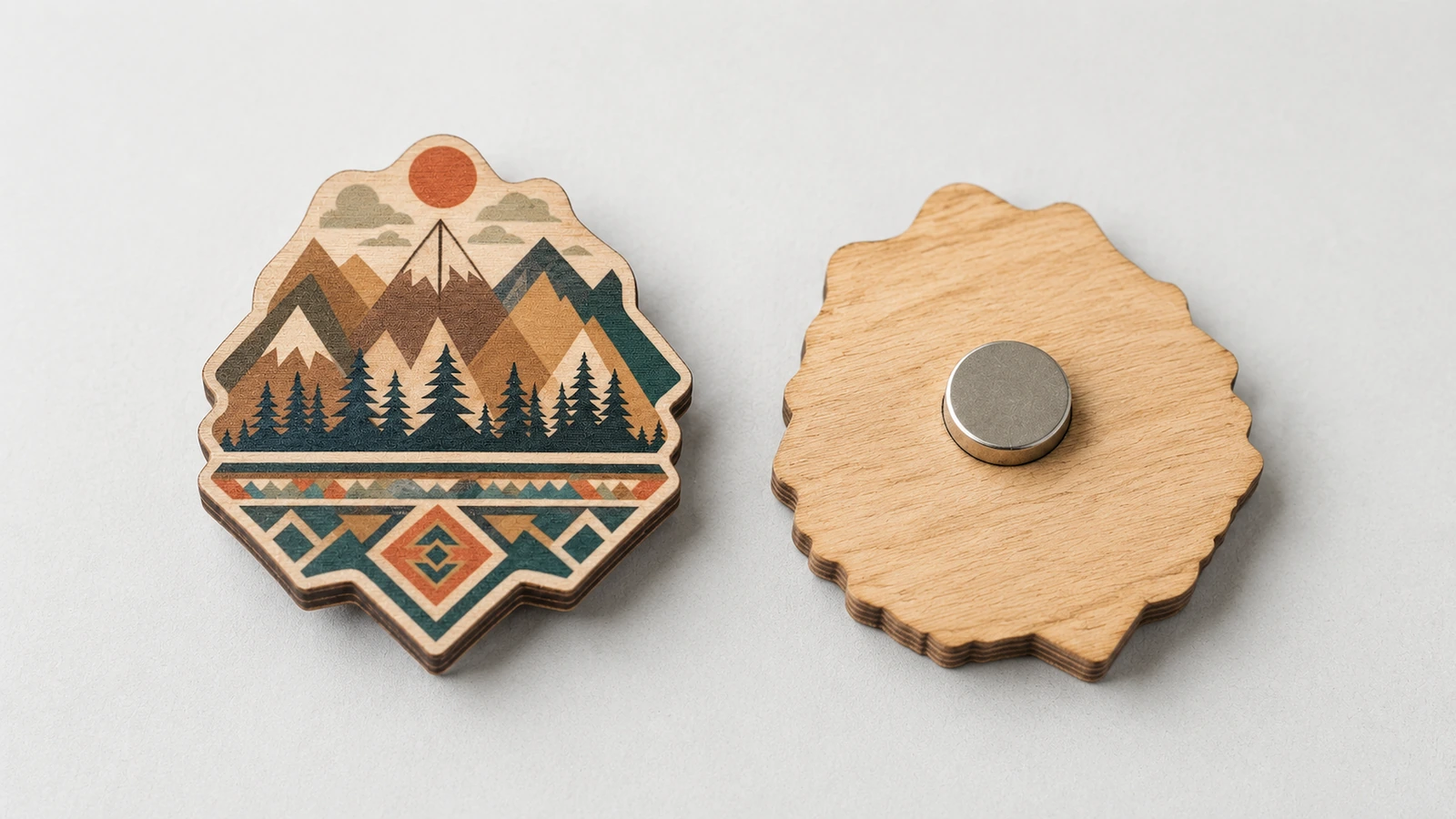 Face et verso illustratifs d’un aimant en bois à motif de montagne, avec un aimant de fixation rond