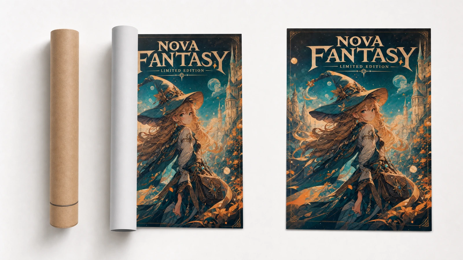 Tube d'expédition pour affiches à côté d'un tirage partiellement enroulé et d'une affiche fantasy à plat