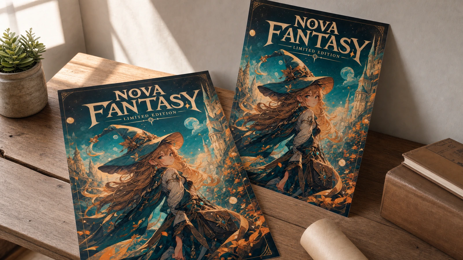 Deux affiches de fantasy-art appuyées sur un bureau à côté d'un rouleau de papier