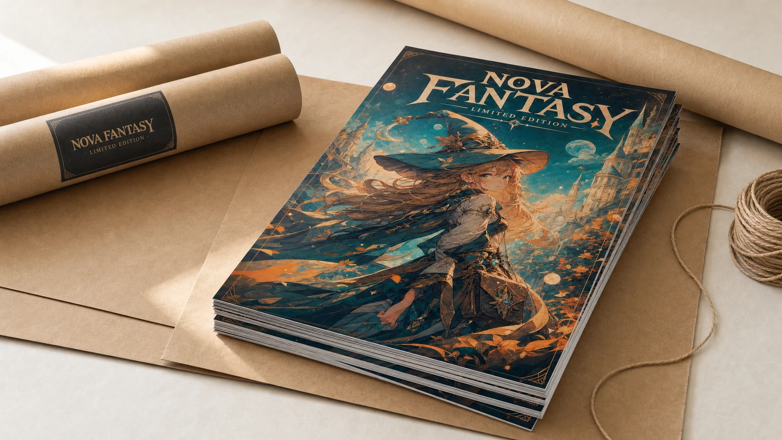 Pile d'affiches fantasy à côté de papier kraft, de tubes d'envoi et de ficelle