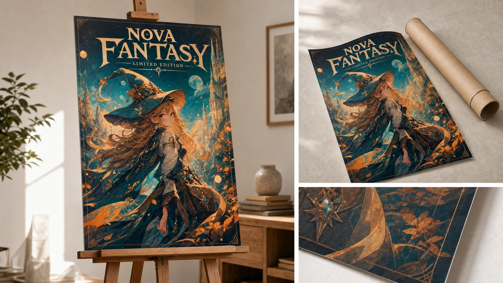 Affiche fantasy présentée sur un chevalet, avec emballage encarté et vues de détail d'impression
