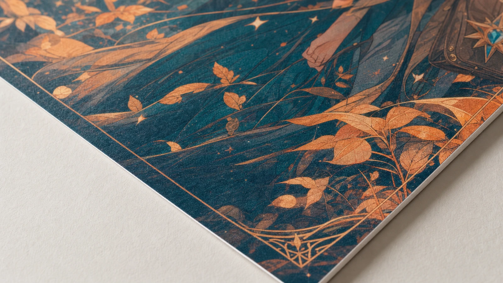 Gros plan sur une illustration fantasy imprimée et le bord d'une affiche sur papier