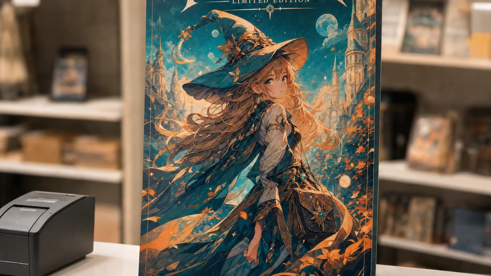 Affiche de fantasy-art debout sur un comptoir de vente