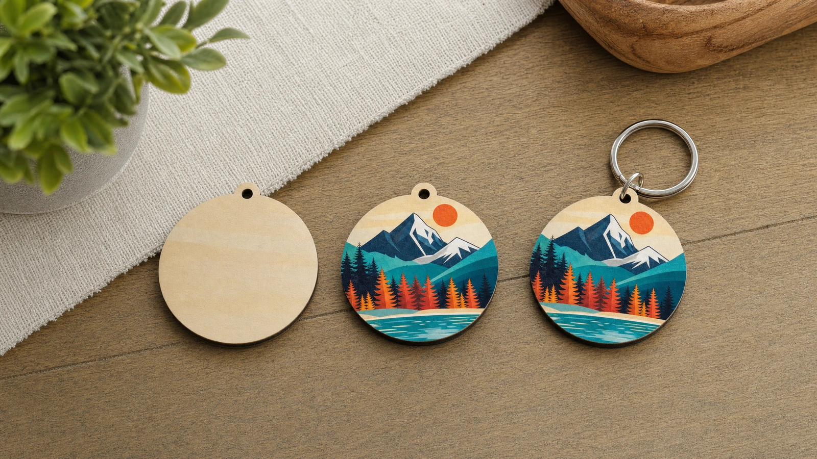 Formes de porte-clés vierge, imprimé et assemblé Illustration d'un disque rond vierge, d'un disque imprimé et d'un porte-clés assemblé à motif de montagne