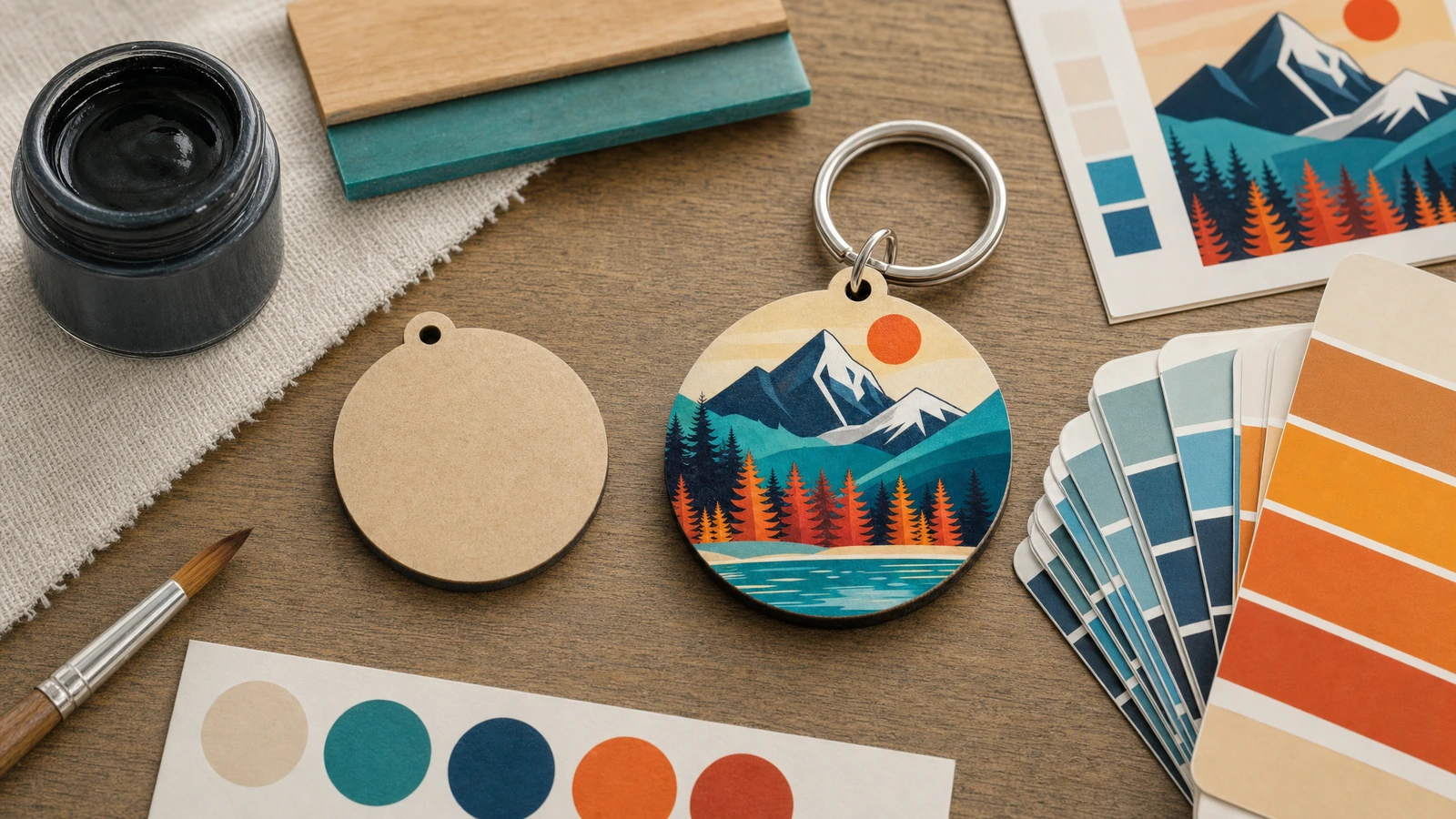 Visuel imprimé du porte-clés et références de couleurs Illustration d'un porte-clés MDF rond à motif de montagne, à côté d'un disque vierge, d'un visuel et de nuanciers de couleurs