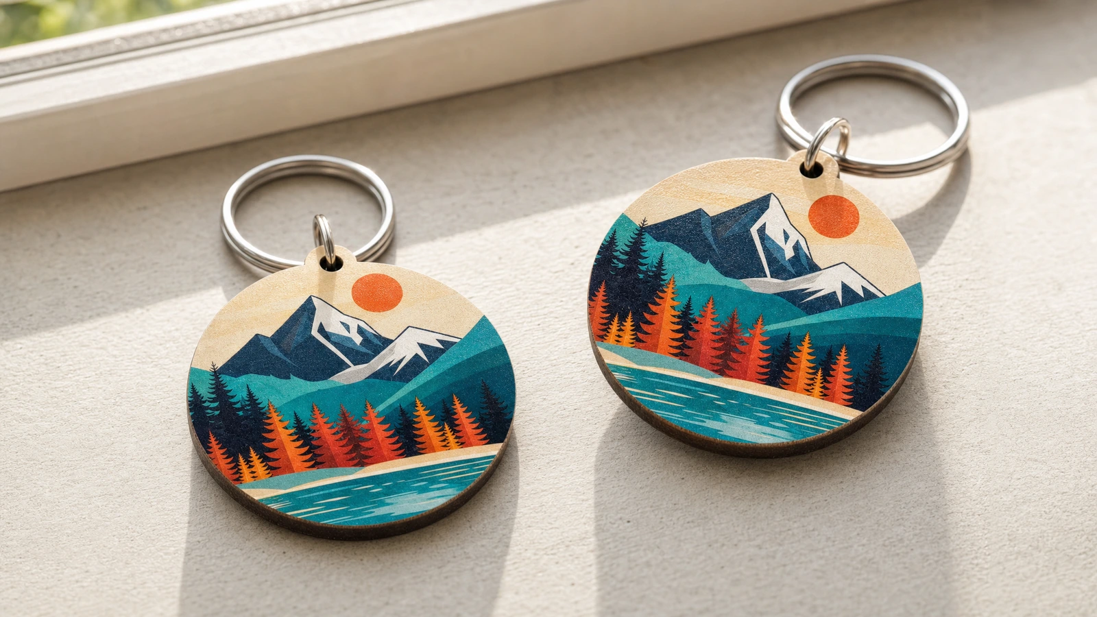 Paire de porte-clés imprimés Illustration d'une paire de porte-clés à motif de montagne avec anneaux métalliques sur un rebord de fenêtre