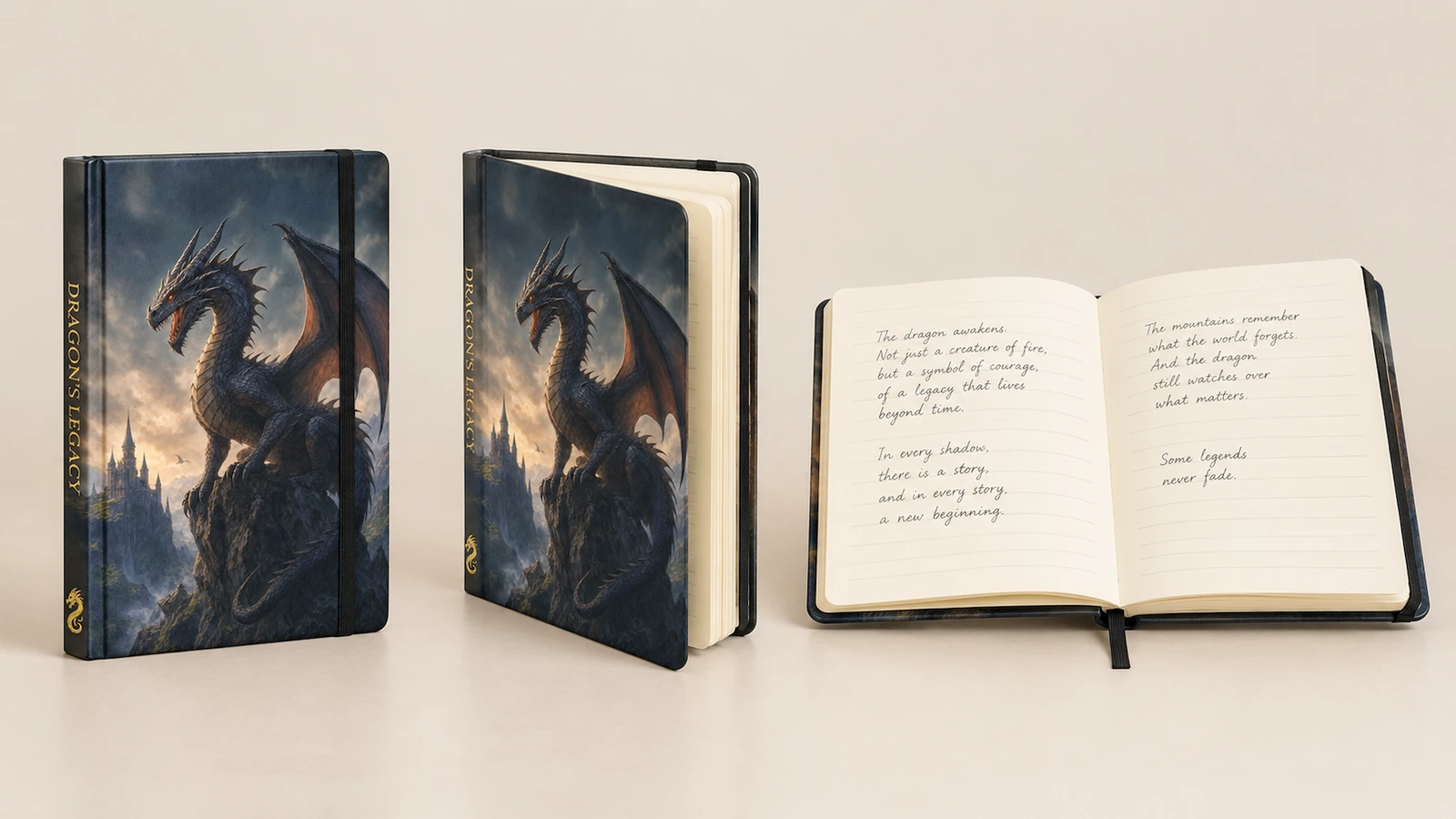Carnets à titre illustratif, debout, entrouverts et ouverts, avec de l'écriture manuscrite sur les pages