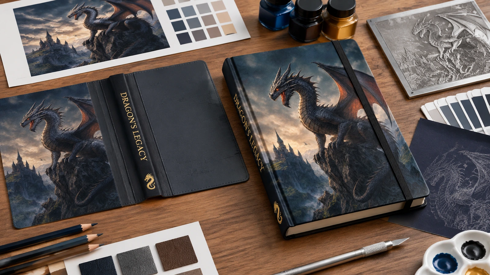 Carnets à motif dragon à titre illustratif, à côté de visuels, de nuanciers de couleurs et d'outils de dessin