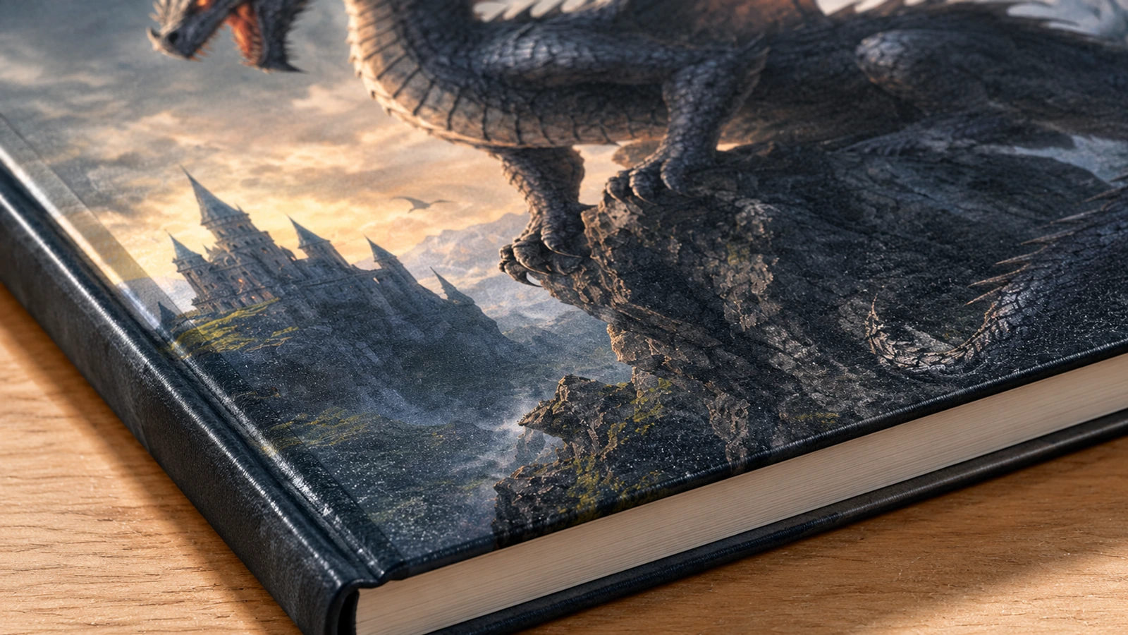 Gros plan illustratif sur la couverture, le dos et les tranches de pages d'un carnet à impression dragon