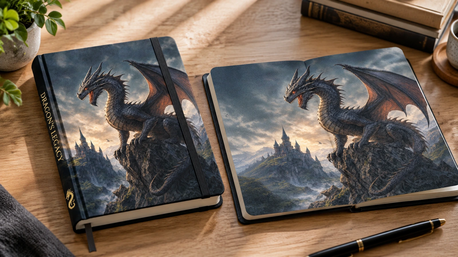 Carnet à motif dragon à titre illustratif, à côté d'une double page ouverte représentant un paysage et un dragon, posée sur un bureau en bois