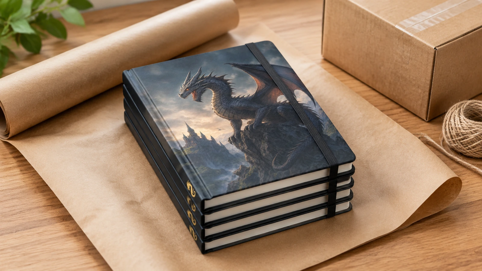 Carnets à motif dragon empilés, munis d'élastiques, à titre illustratif, à côté d'un carton et de papier kraft