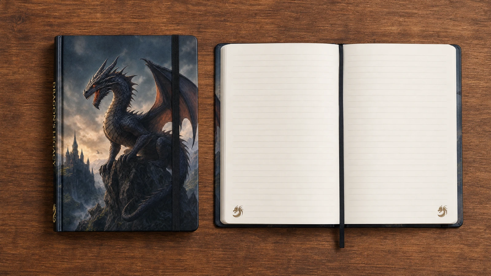Carnet à motif dragon fermé à titre illustratif, à côté d'un carnet ligné ouvert muni d'un marque-page ruban