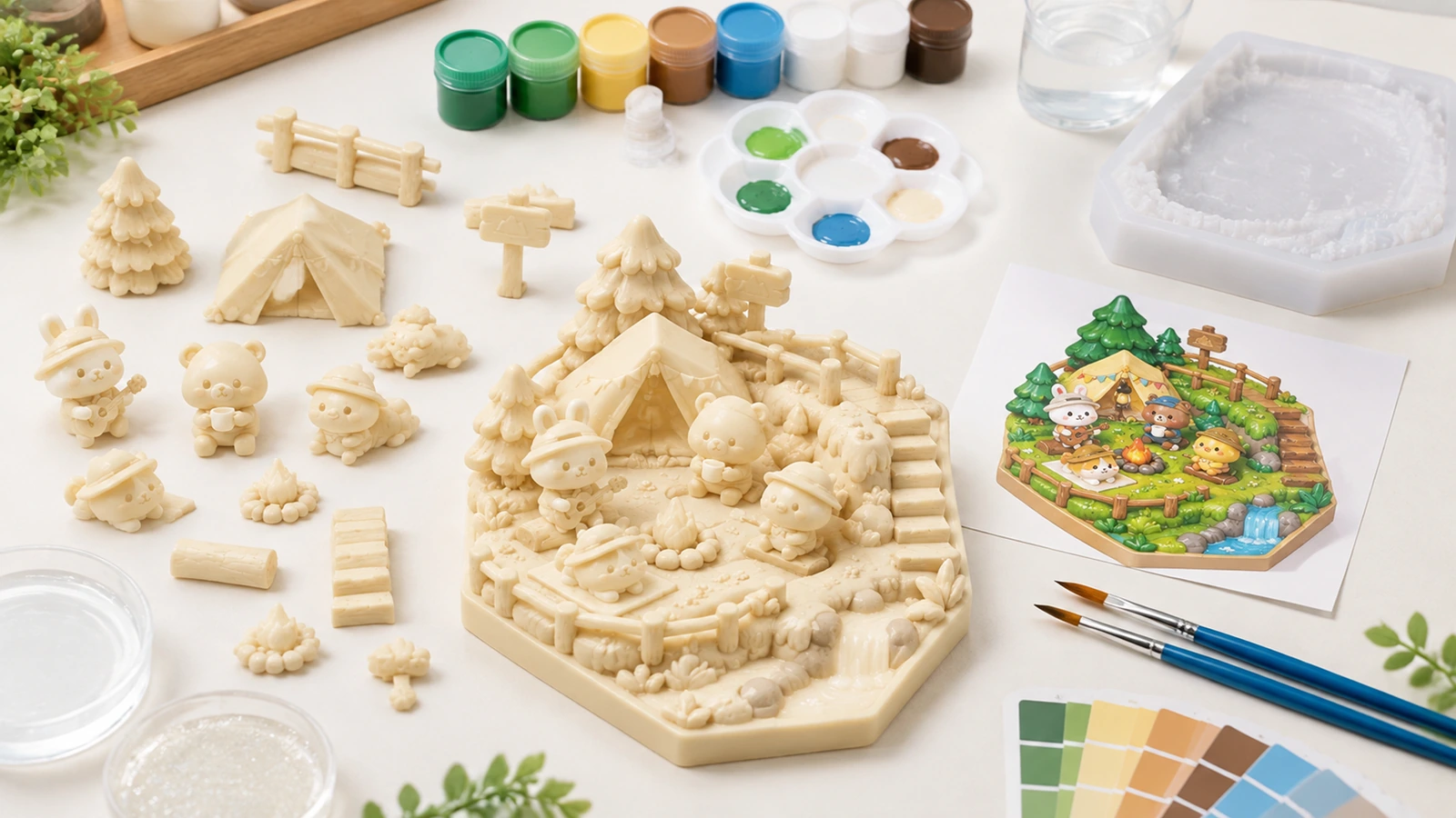 Concept de conception et de finition d'aimant sur le thème du camping Exemples illustratifs de moulages non peints de scène de camping, à côté de peintures, de pinceaux, de nuanciers et d'un exemple décoré