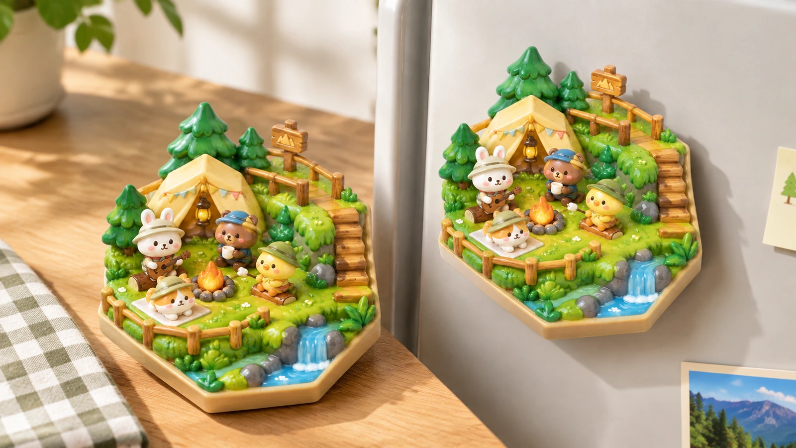 Aimants sur le thème du camping exposés sur une table et sur une porte de réfrigérateur