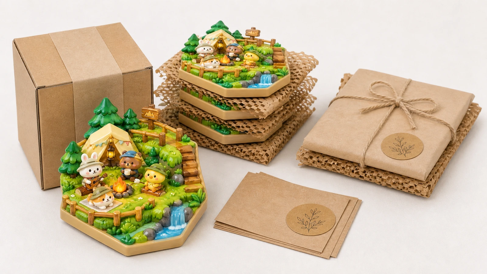 Concept d'emballage d'aimant sur le thème du camping Aimants sur le thème du camping avec boîtes brunes, papier nid d'abeille et emballages filmés