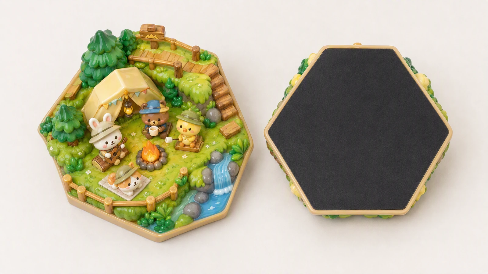 Aimant sur le thème du camping : face et dos Vues de face et du dos noir d'un aimant hexagonal sur le thème du camping