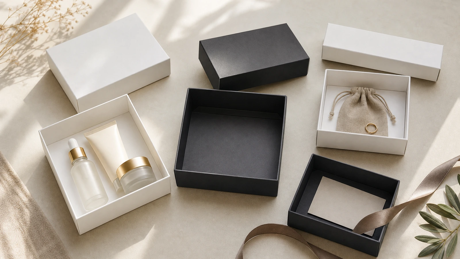 Illustration de coffrets cadeaux rigides en 2 pièces pour les produits de beauté, les bijoux et les cadeaux d’entreprise